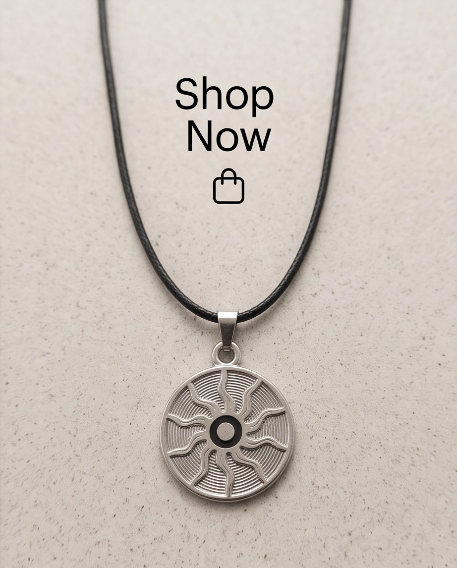 Silver Celestial Sunburst Medallion Cord Necklace