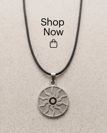 Silver Celestial Sunburst Medallion Cord Necklace