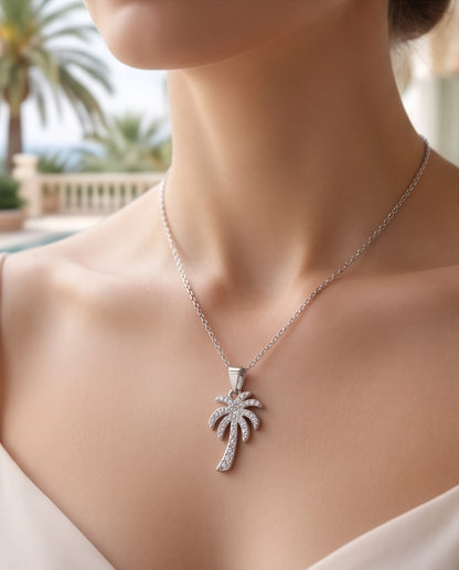 Silver Crystal Pavé Palm Tree Pendant Necklace