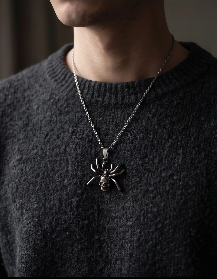 Black Spider Skull Motif Pendant Necklace
