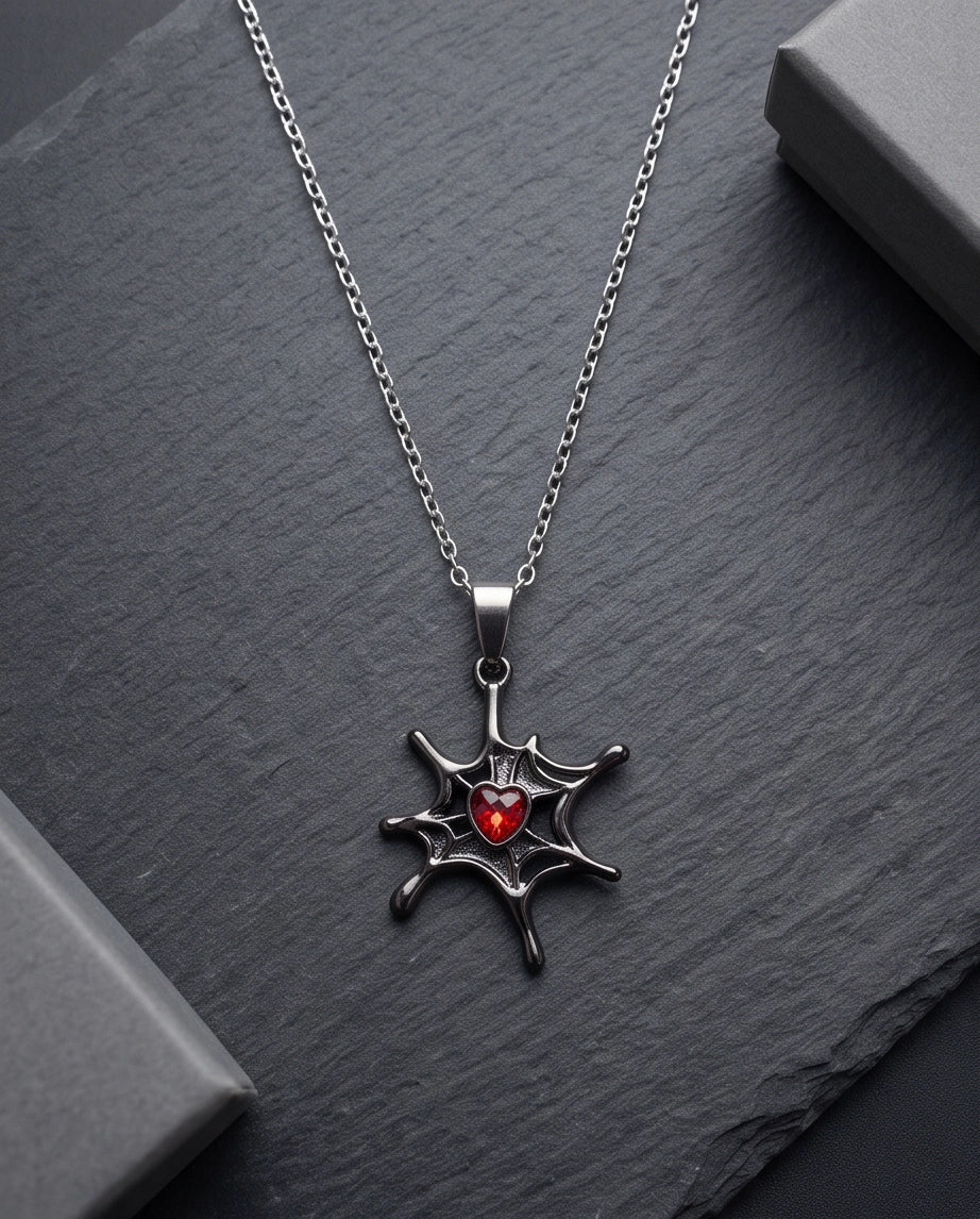 Black Spiderweb Red Heart Gem Pendant Necklace