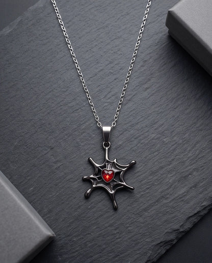 Black Spiderweb Red Heart Gem Pendant Necklace