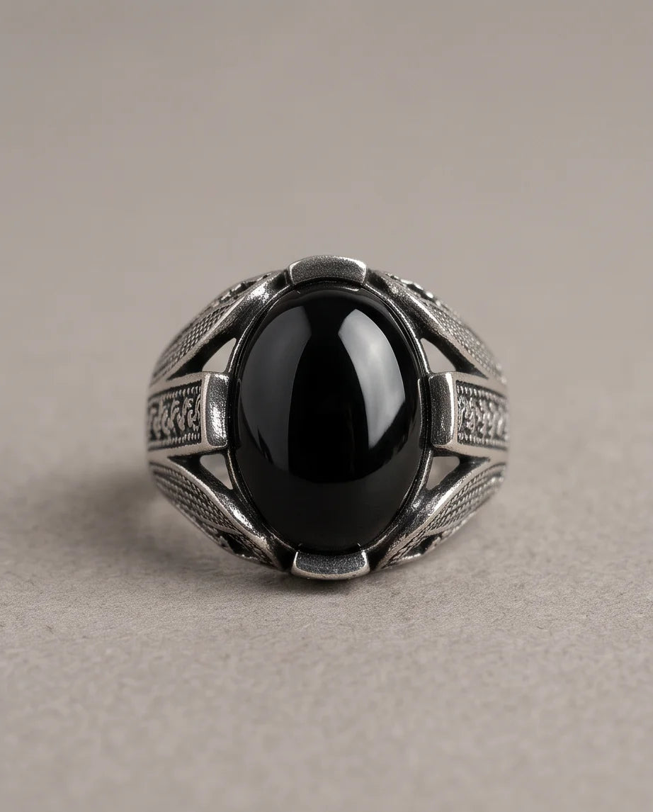 Obsidian Eclipse Stippled Signet Ring