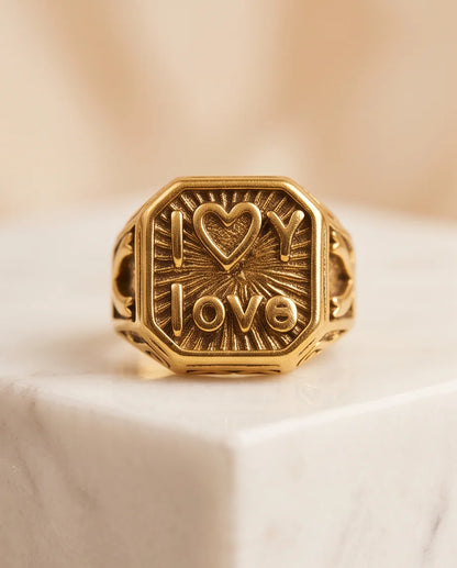 Sunburst "I Love" Gold Signet Ring
