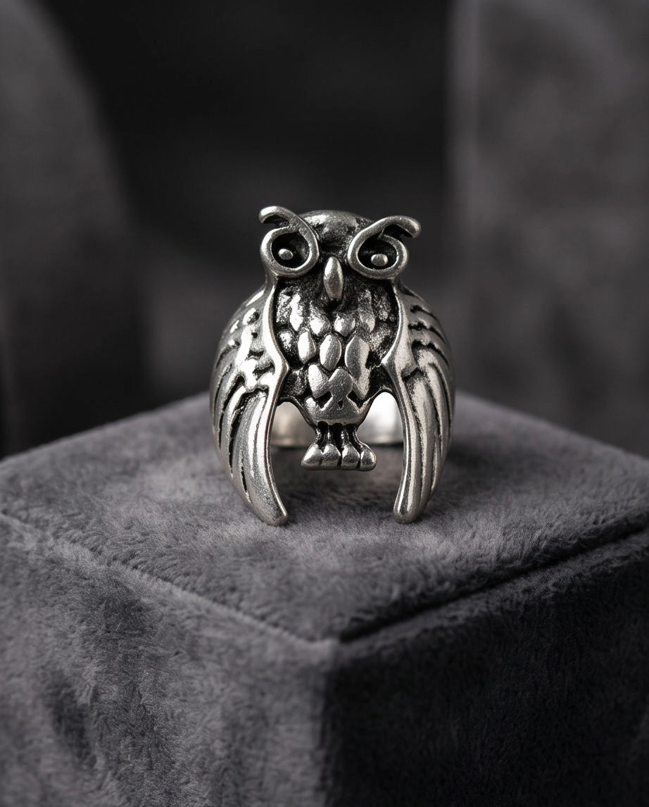 Oxidized Silver Sculpted Owl Statement Ring