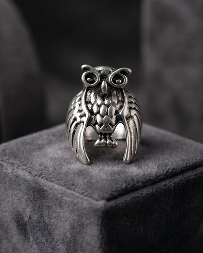 Oxidized Silver Sculpted Owl Statement Ring