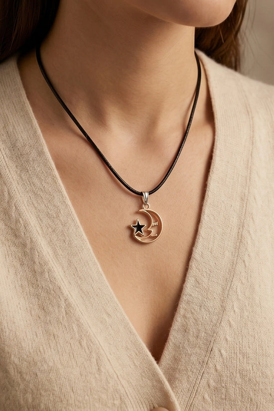 Gold Crescent Moon and Black Star Necklace