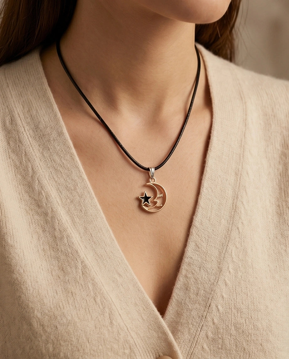 Gold Crescent Moon and Black Star Necklace