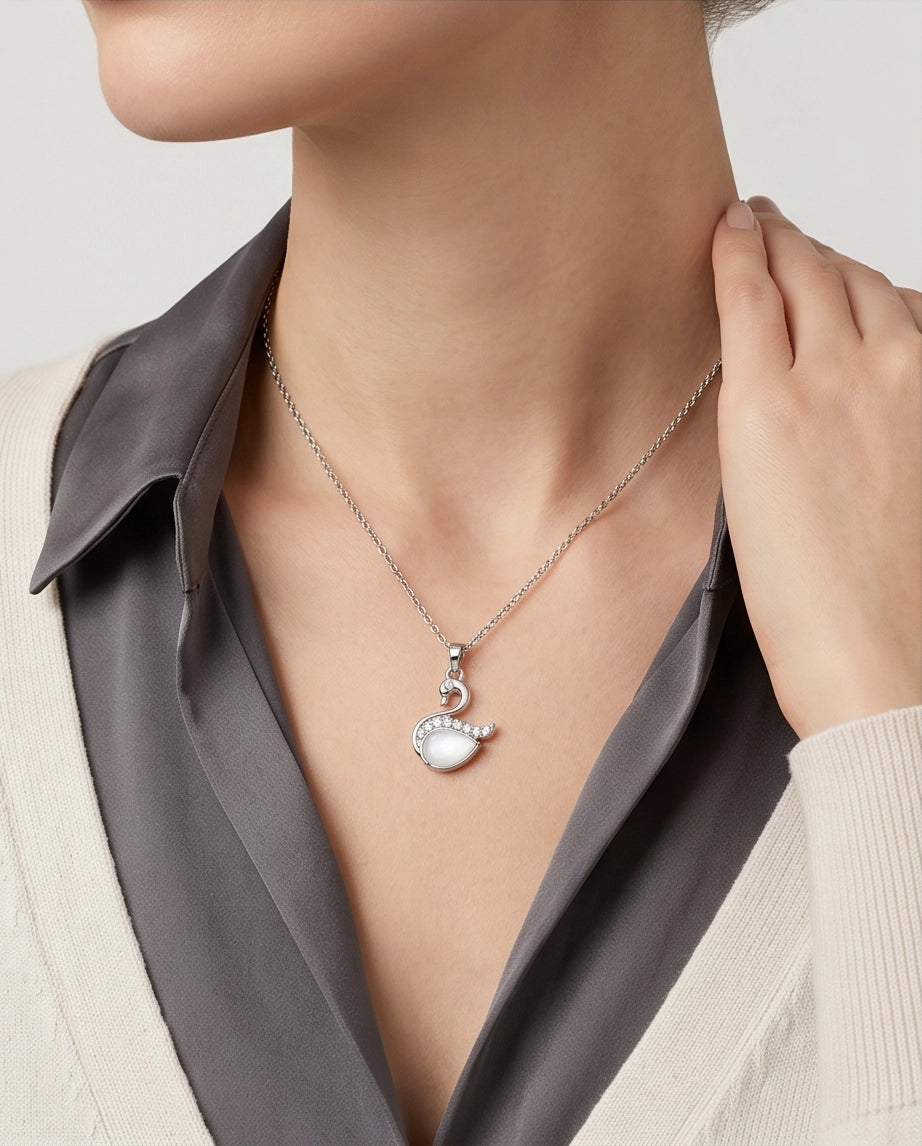 Silver Mother of Pearl Swan Pendant Necklace