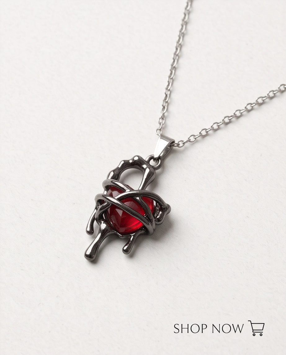 Black Thorny Dripping Heart Red Gem Pendant Necklace