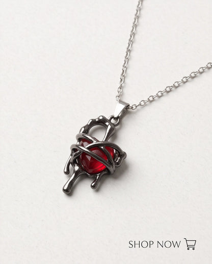 Black Thorny Dripping Heart Red Gem Pendant Necklace
