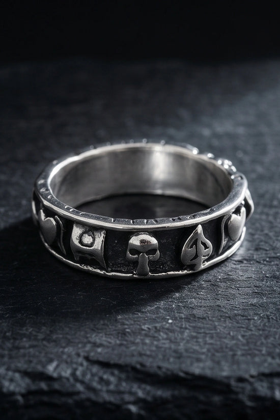 Gothic Sterling Silver Skull and Card Suits Band Ring