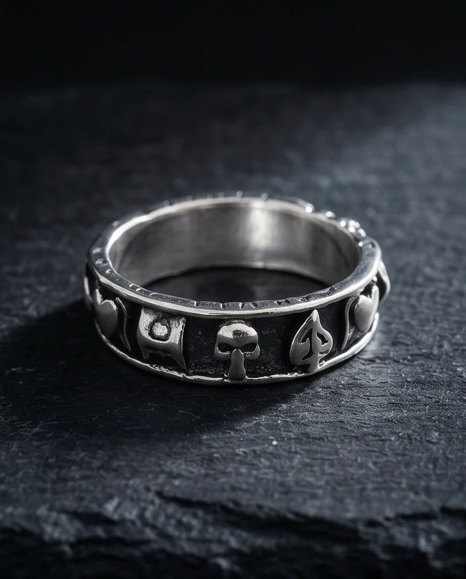 Gothic Sterling Silver Skull and Card Suits Band Ring