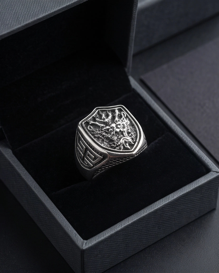 Draconic Shield Crest Silver Signet Ring