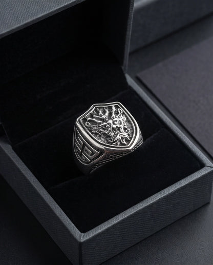 Draconic Shield Crest Silver Signet Ring