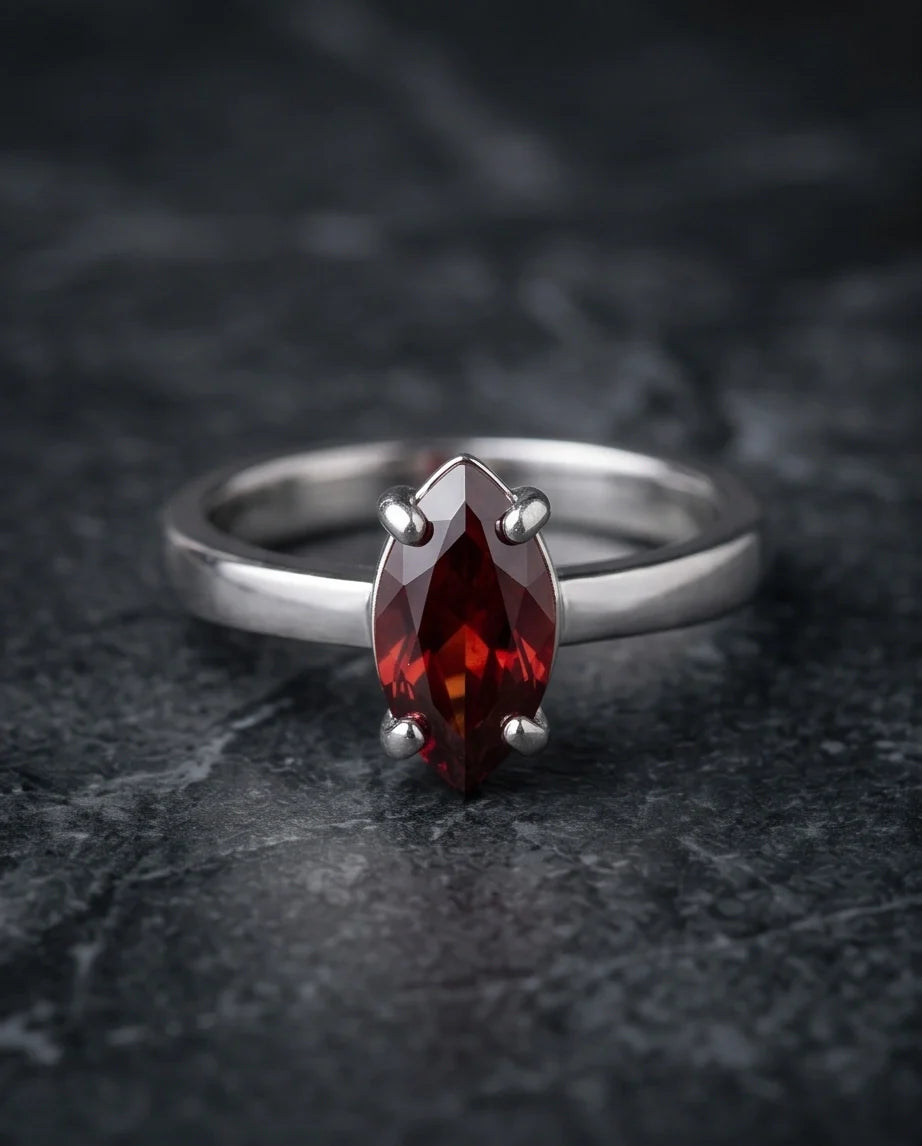 Sterling Silver Marquise-Cut Amber Carnelian Solitaire Ring