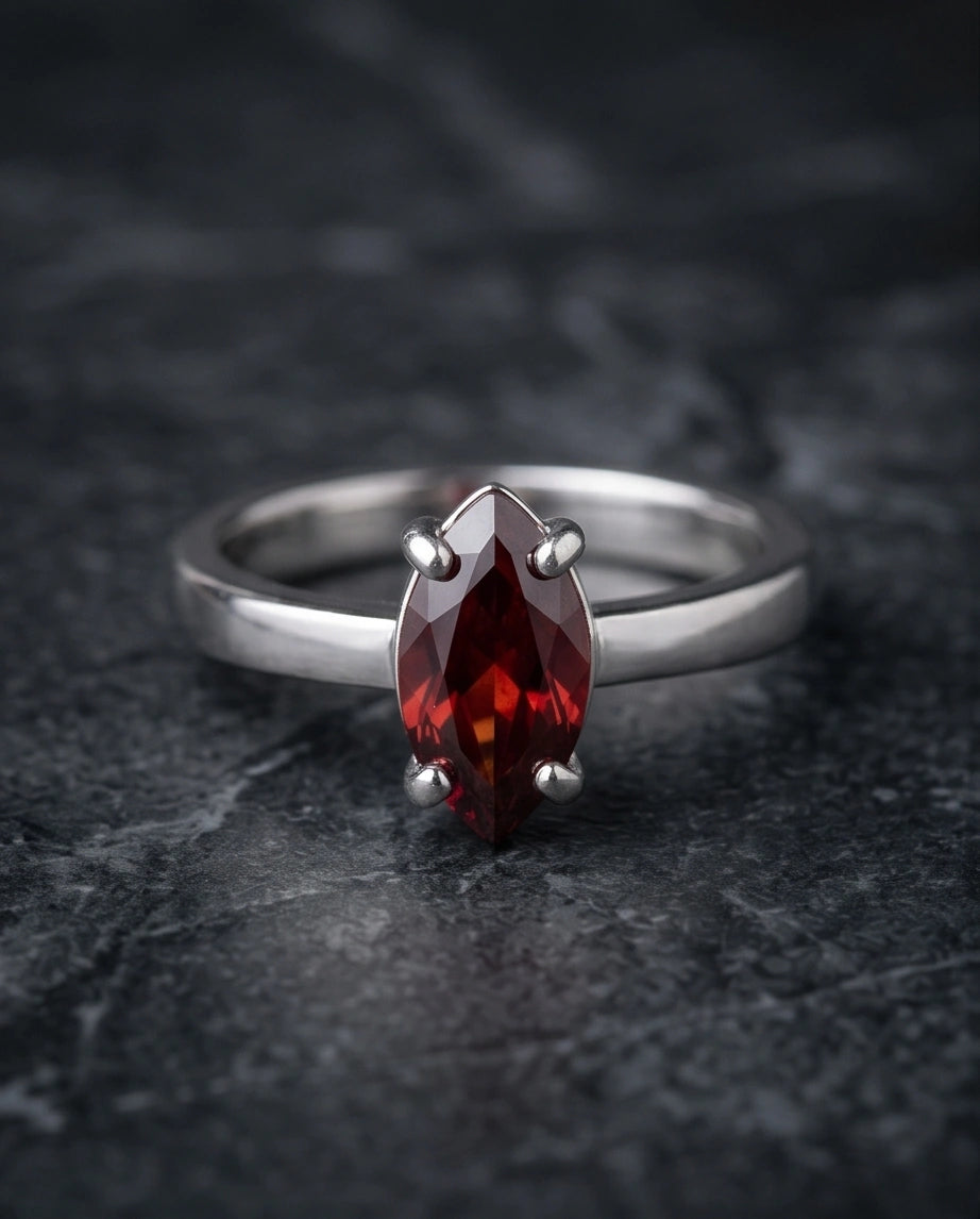 Sterling Silver Marquise-Cut Amber Carnelian Solitaire Ring