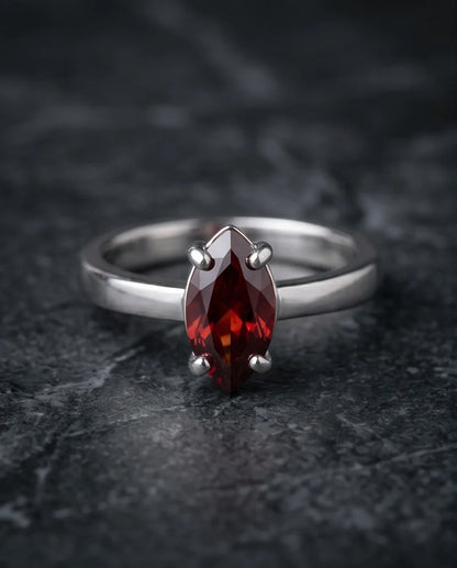 Sterling Silver Marquise-Cut Amber Carnelian Solitaire Ring