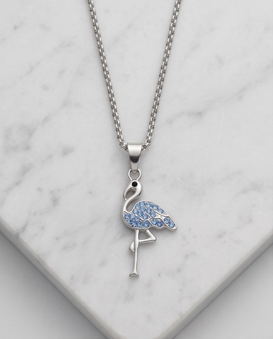 Silver Blue Crystal Paved Flamingo Pendant Necklace
