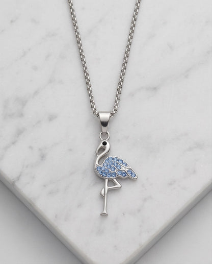 Silver Blue Crystal Paved Flamingo Pendant Necklace
