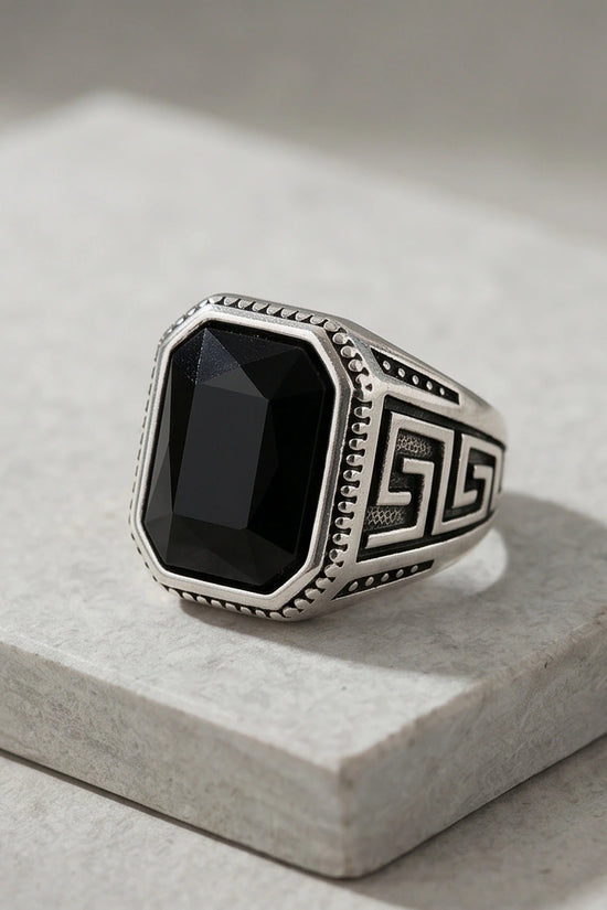 Vintage Greek Key Black Onyx Gemstone Ring