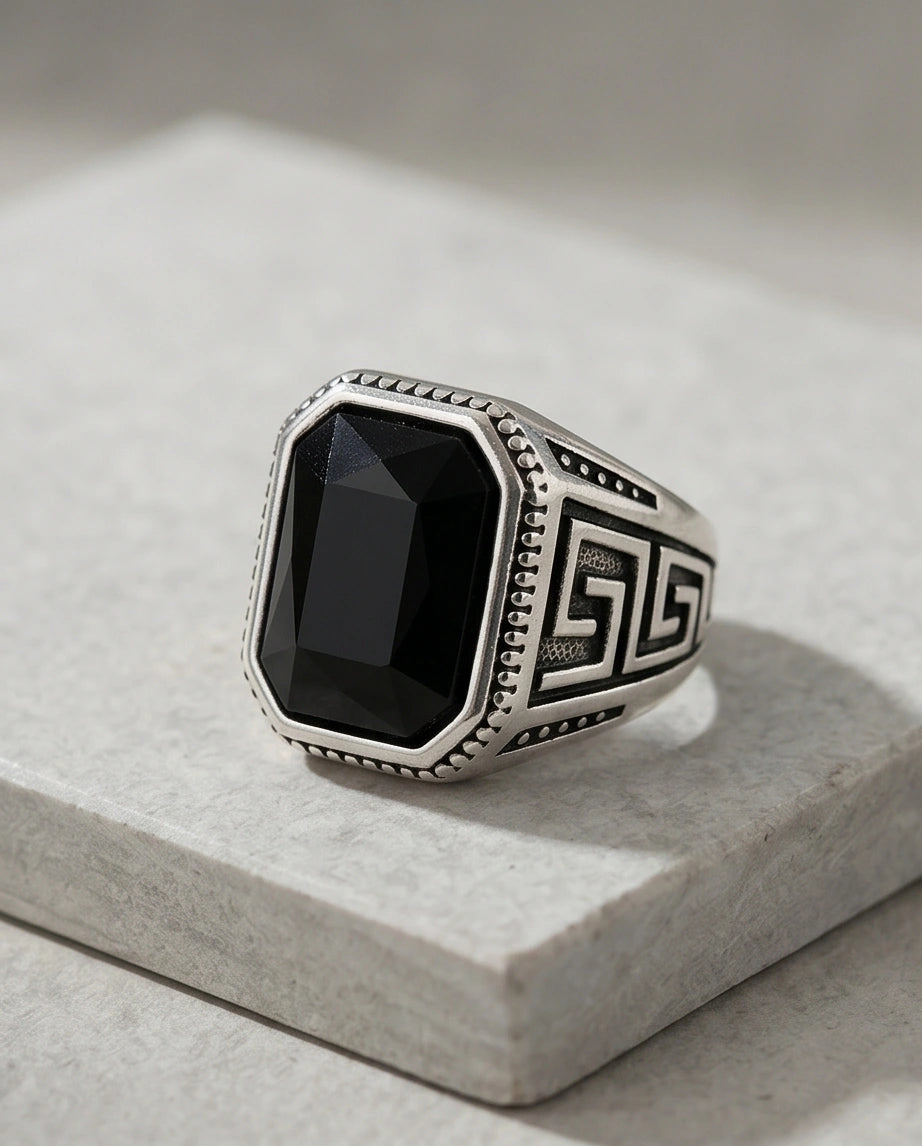 Vintage Greek Key Black Onyx Gemstone Ring