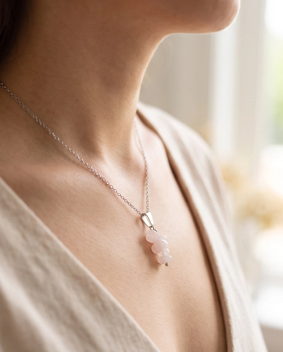 Silver Stacked Raw Rose Quartz Chip Stone Pendant Necklace