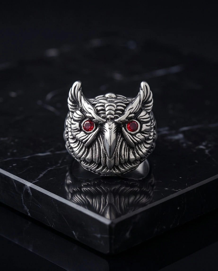 Red-Eyed Sculpted Owl Signet Ring