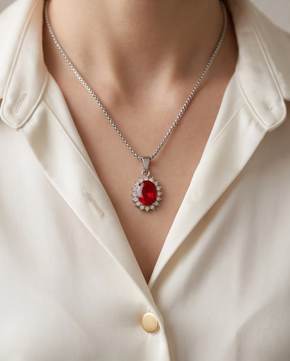 Silver Garnet Red Oval Halo Medallion Pendant Necklace