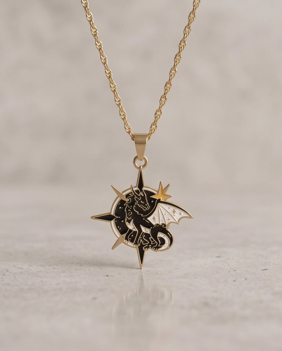 Gold Celestial Compass Dragon Black & White Enamel Pendant Necklace