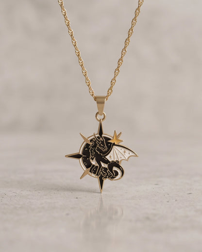 Gold Celestial Compass Dragon Black & White Enamel Pendant Necklace