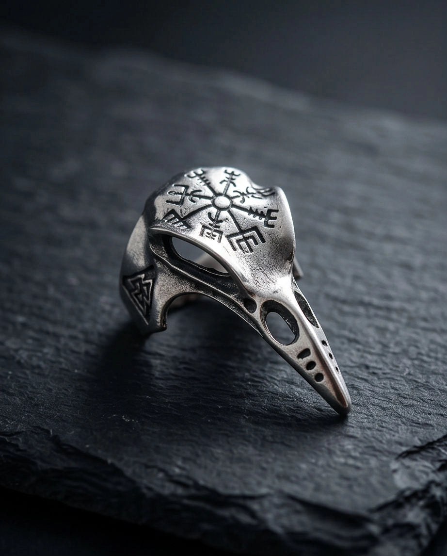 Oxidized Silver Raven Skull Vegvisir Ring