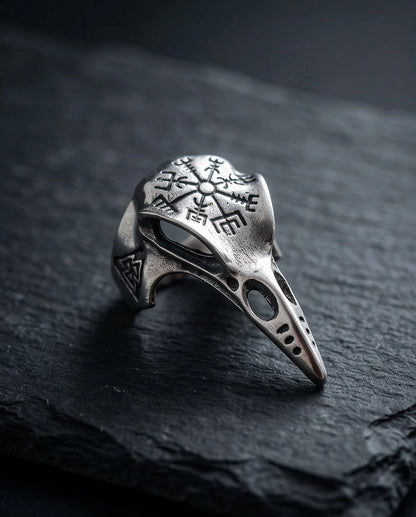 Oxidized Silver Raven Skull Vegvisir Ring