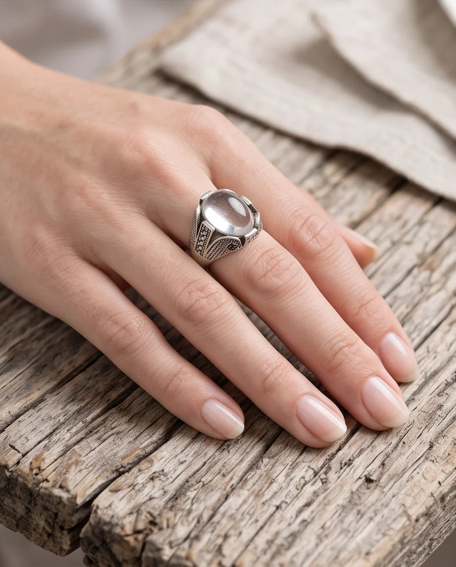 Lunar Cabochon Textured Signet Ring