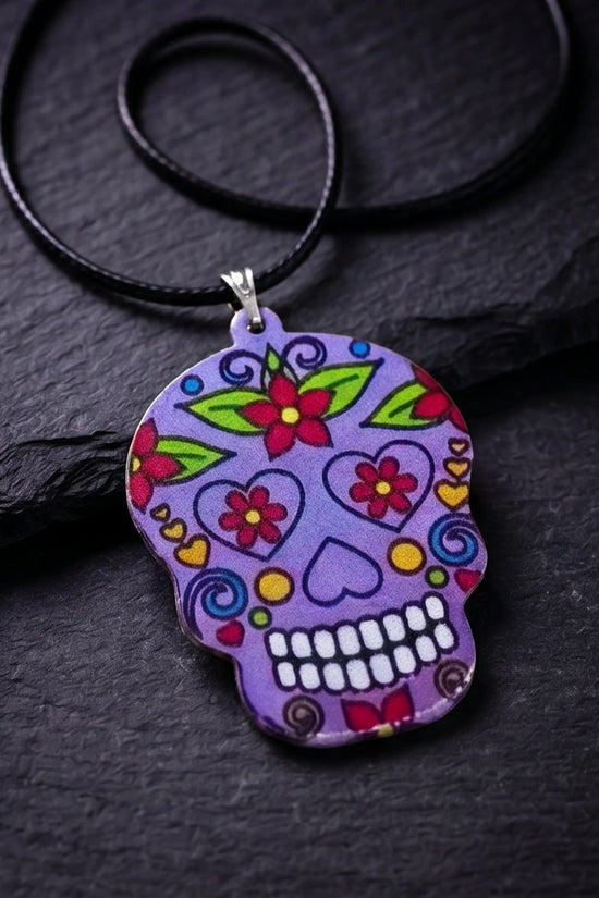 Vibrant Purple Sugar Skull Día de los Muertos Pendant Necklace