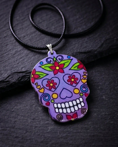 Vibrant Purple Sugar Skull Día de los Muertos Pendant Necklace