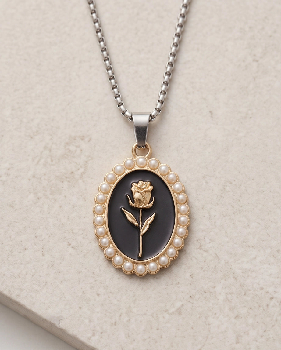 Gold Pearl Frame Black Enamel Rose Oval Pendant Necklace