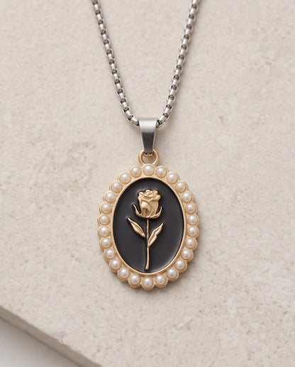 Gold Pearl Frame Black Enamel Rose Oval Pendant Necklace