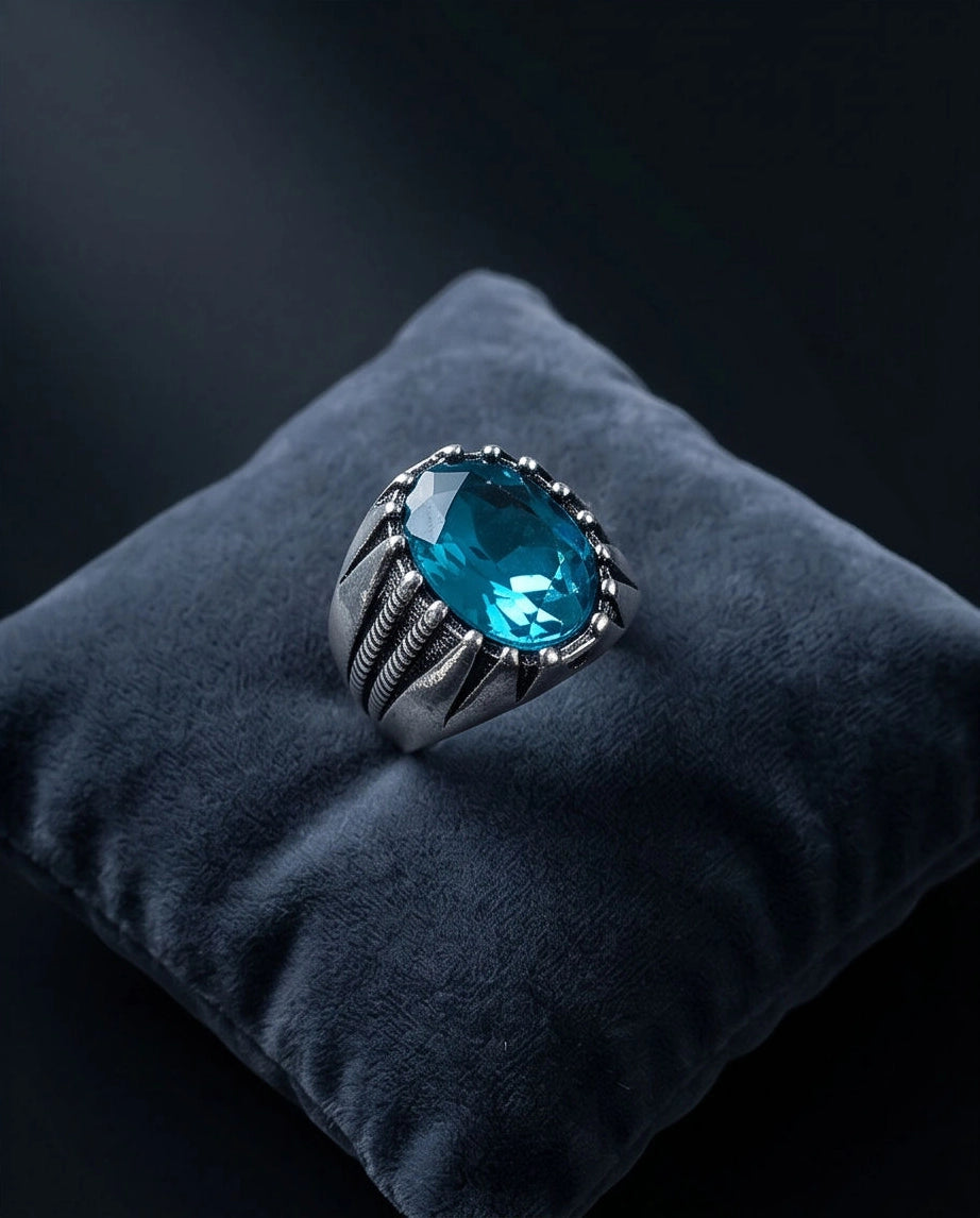 Oxidized Silver Oval Aqua Blue Claw Signet Ring