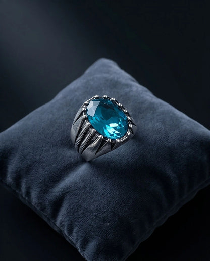 Oxidized Silver Oval Aqua Blue Claw Signet Ring