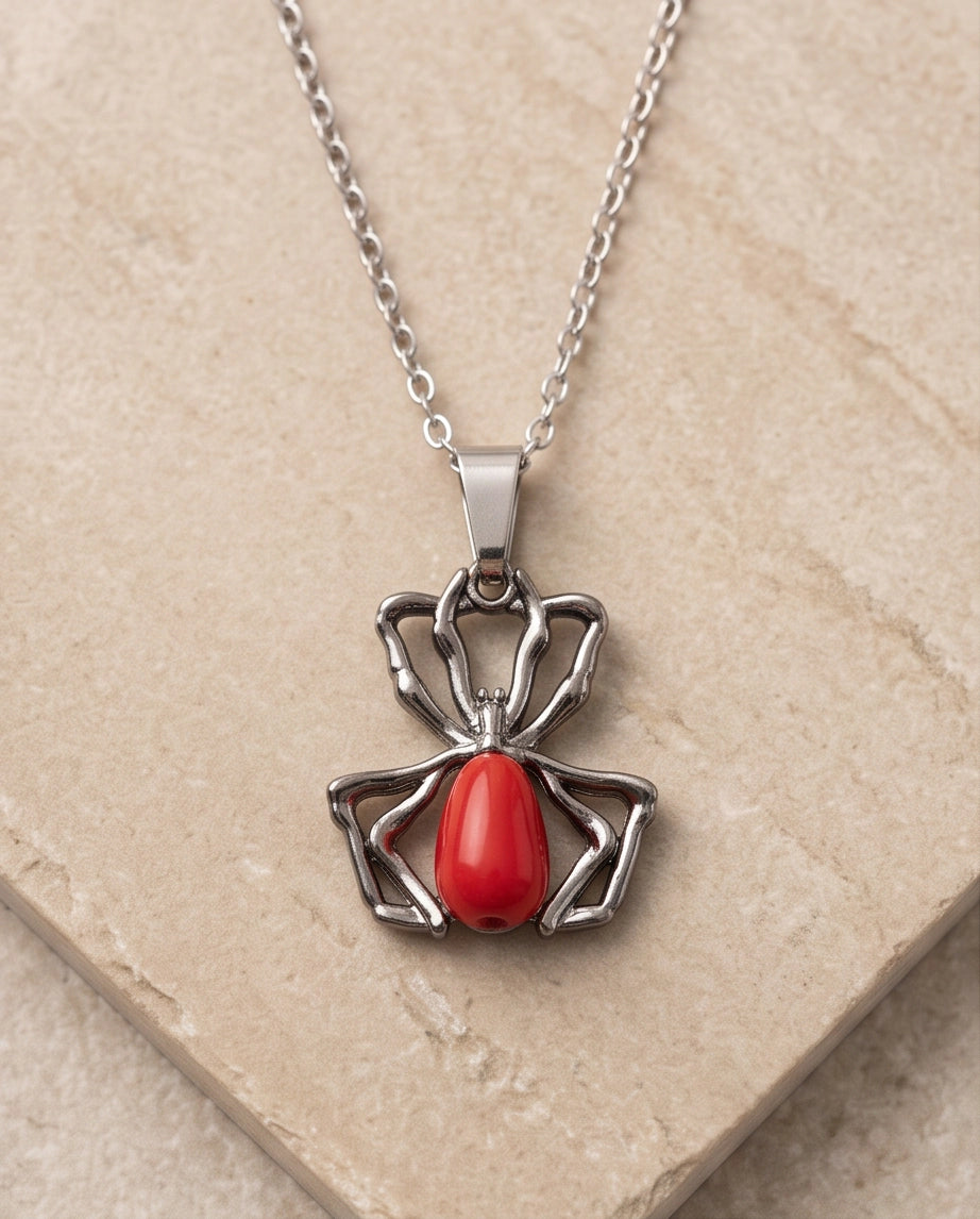 Silver Spider Red Gemstone Pendant Necklace