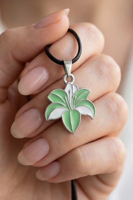 Elegant Green and White Lily Enamel Pendant Necklace