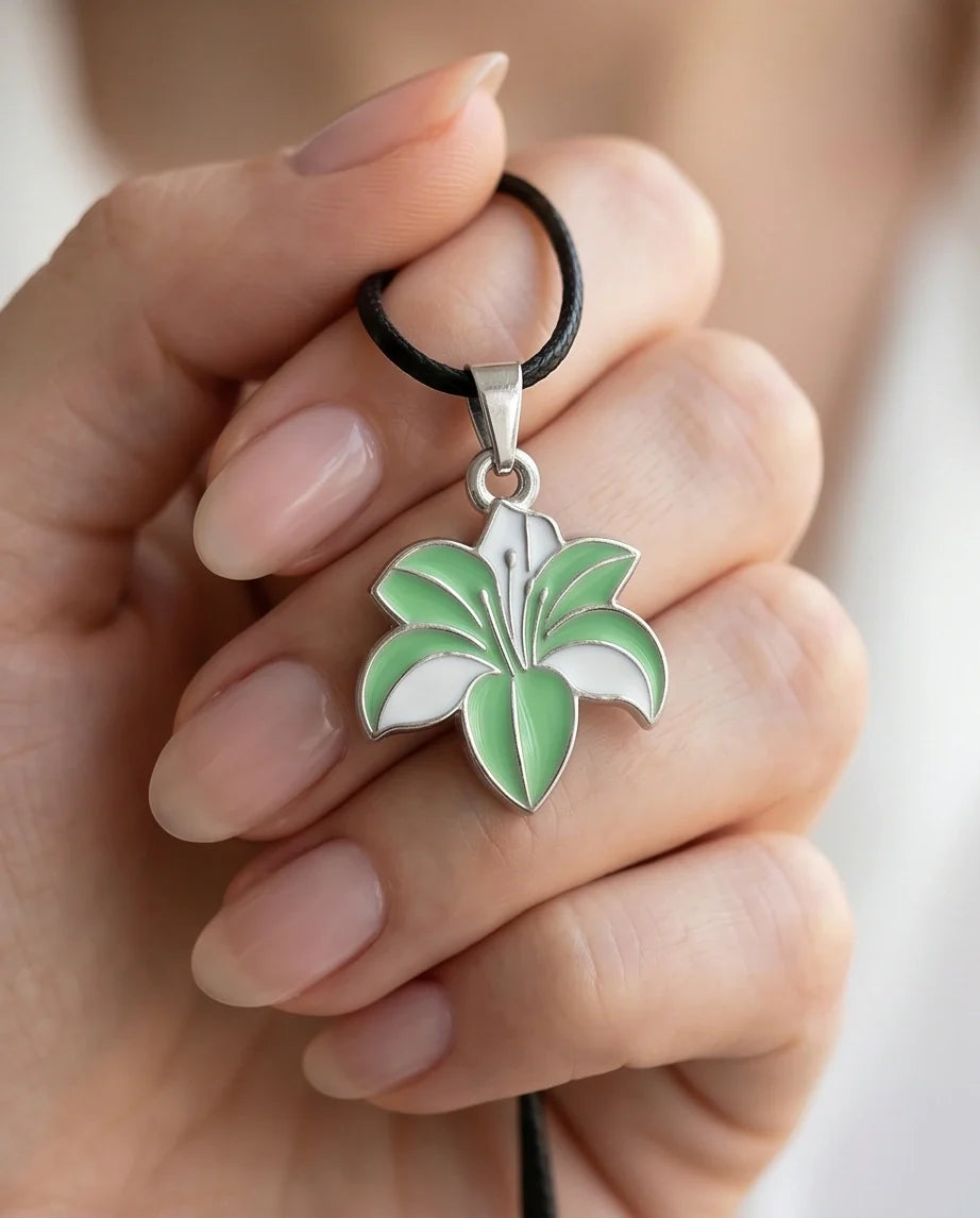 Elegant Green and White Lily Enamel Pendant Necklace