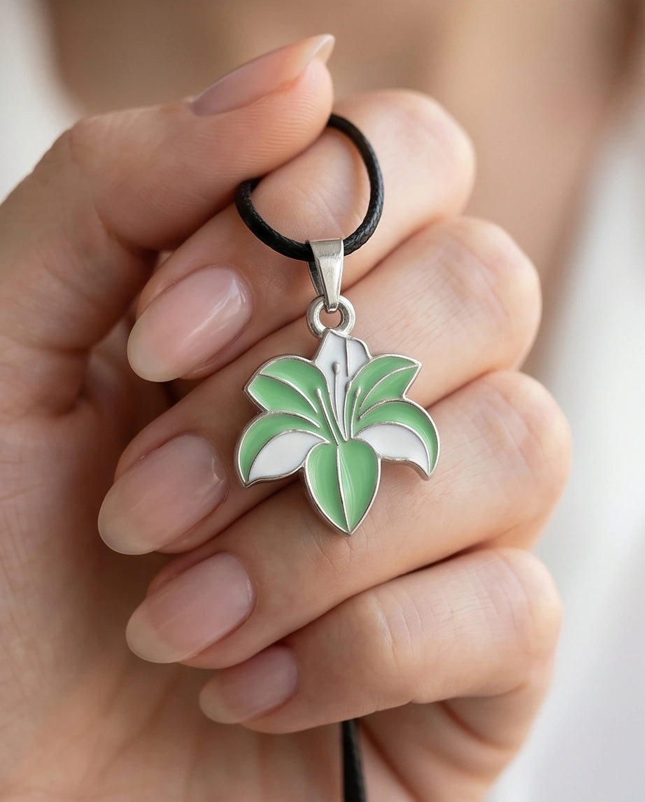 Elegant Green and White Lily Enamel Pendant Necklace