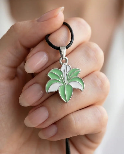 Elegant Green and White Lily Enamel Pendant Necklace
