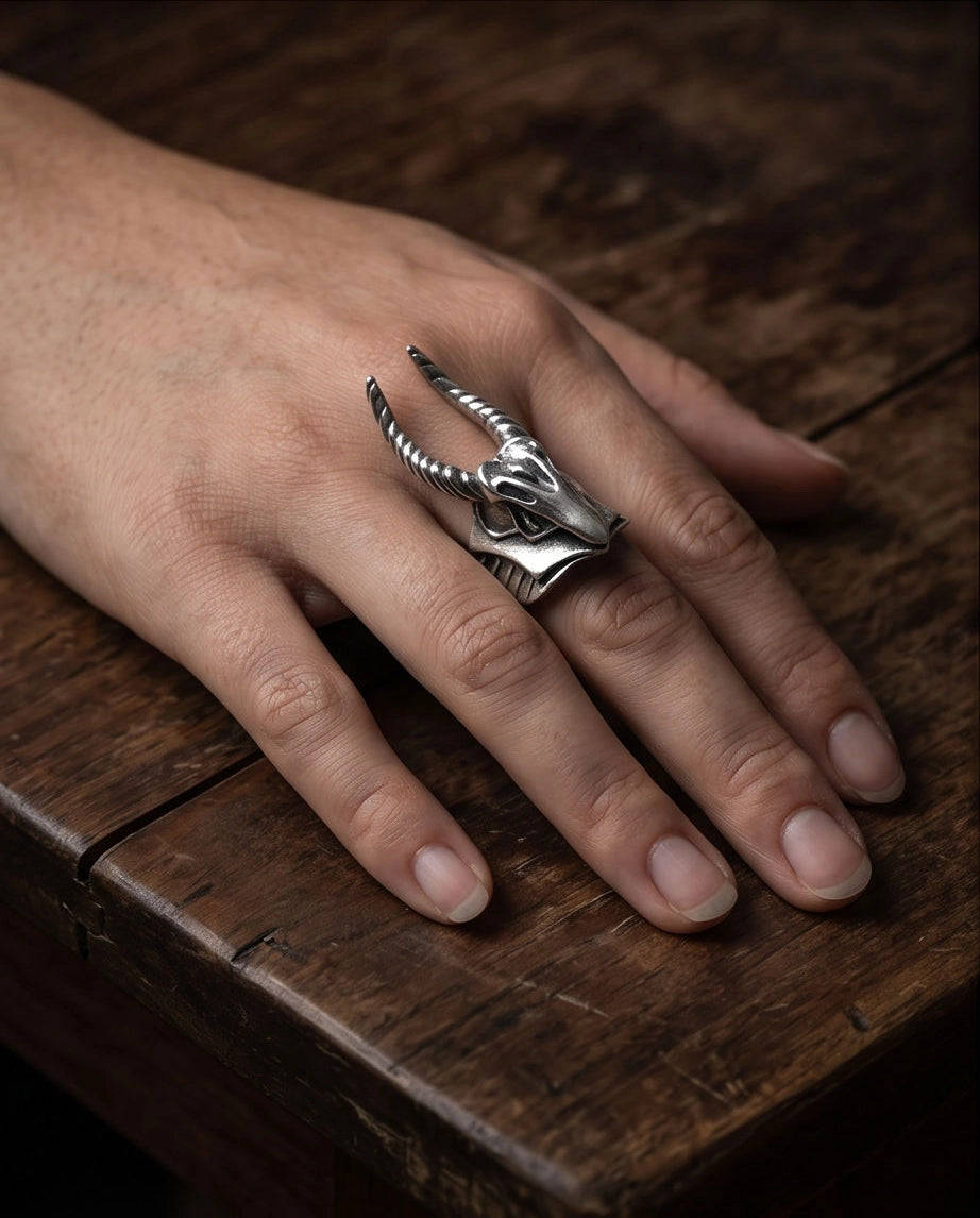 Oxidized Silver Horned Skull Sculpted Ring
