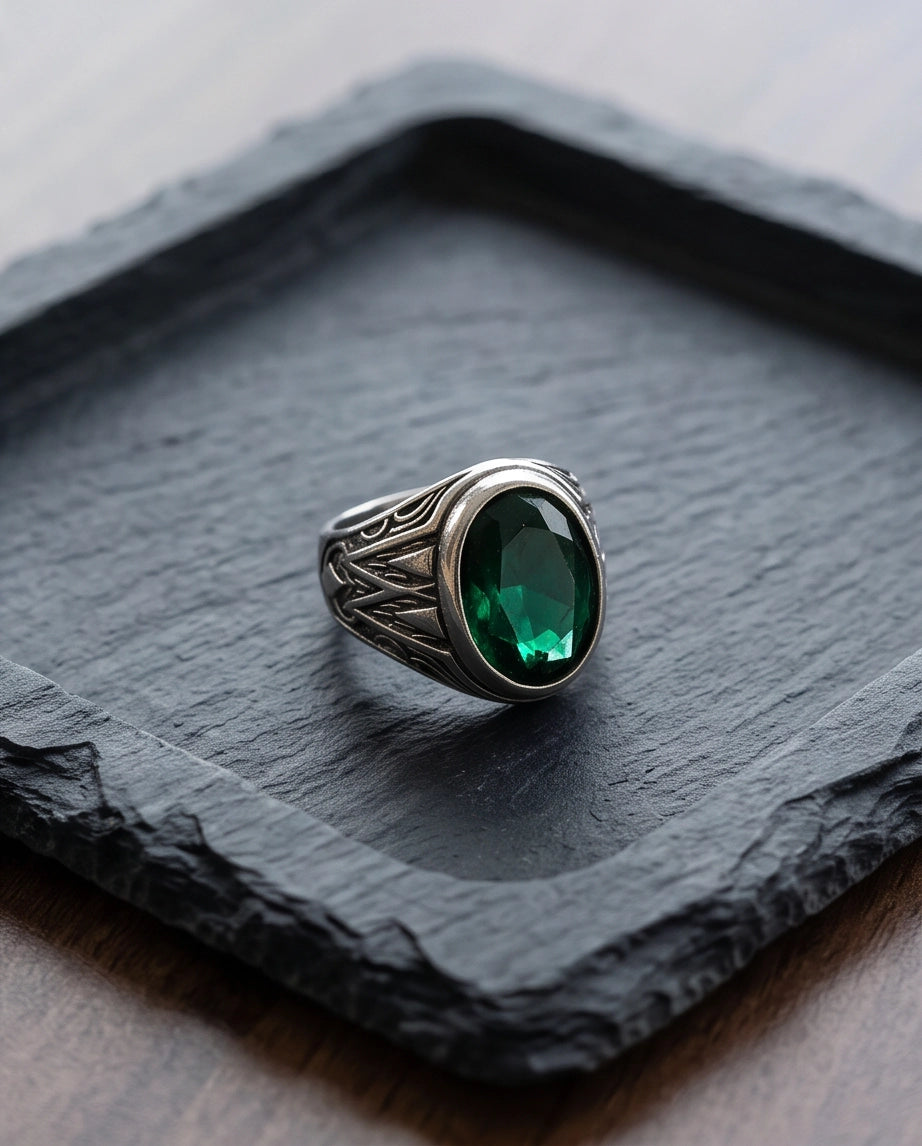 Emerald Gemstone Smooth Bezel Tribal Wing Silver Ring