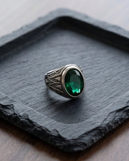 Emerald Gemstone Smooth Bezel Tribal Wing Silver Ring