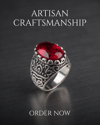 Ruby Gemstone Scalloped Crown Bezel Scroll Filigree Silver Ring