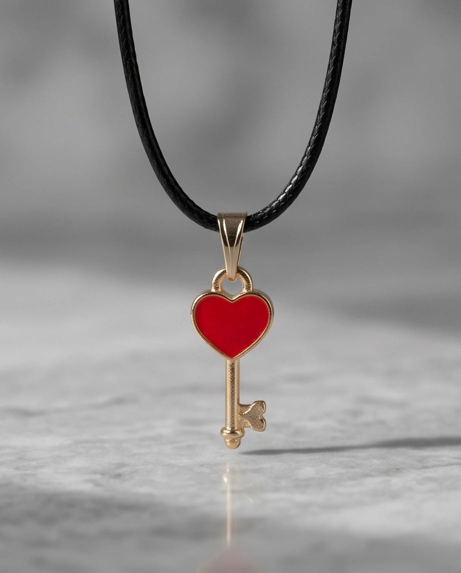 Gold and Red Heart Key Necklace
